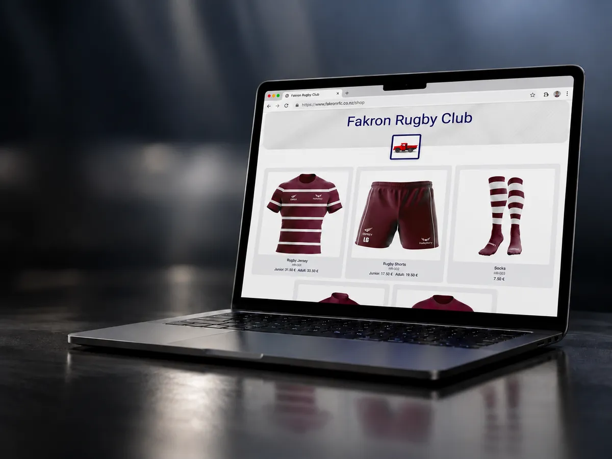 Branded club online shop shown on a laptop
