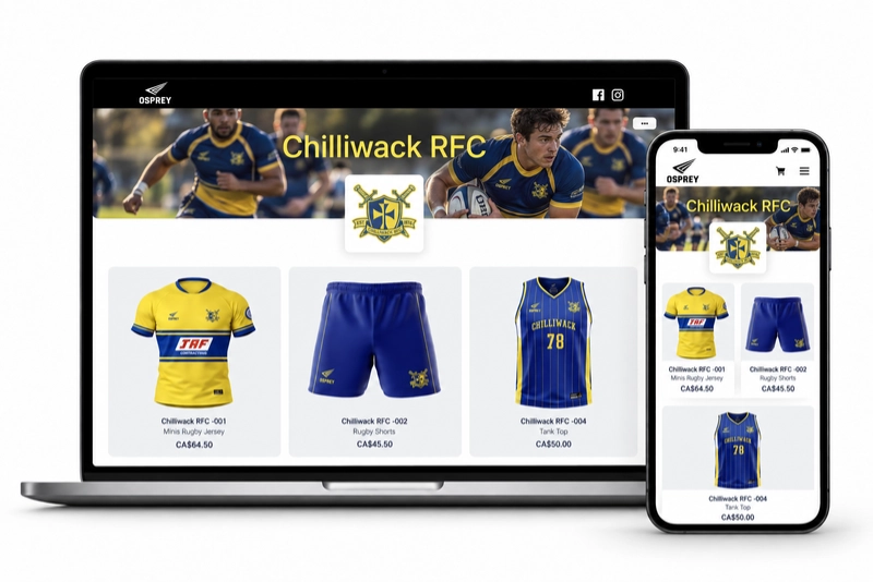An Osprey Club Shop for Chilliwack RFC shown on a laptop and a phone, with the club crest, branded kit and member prices